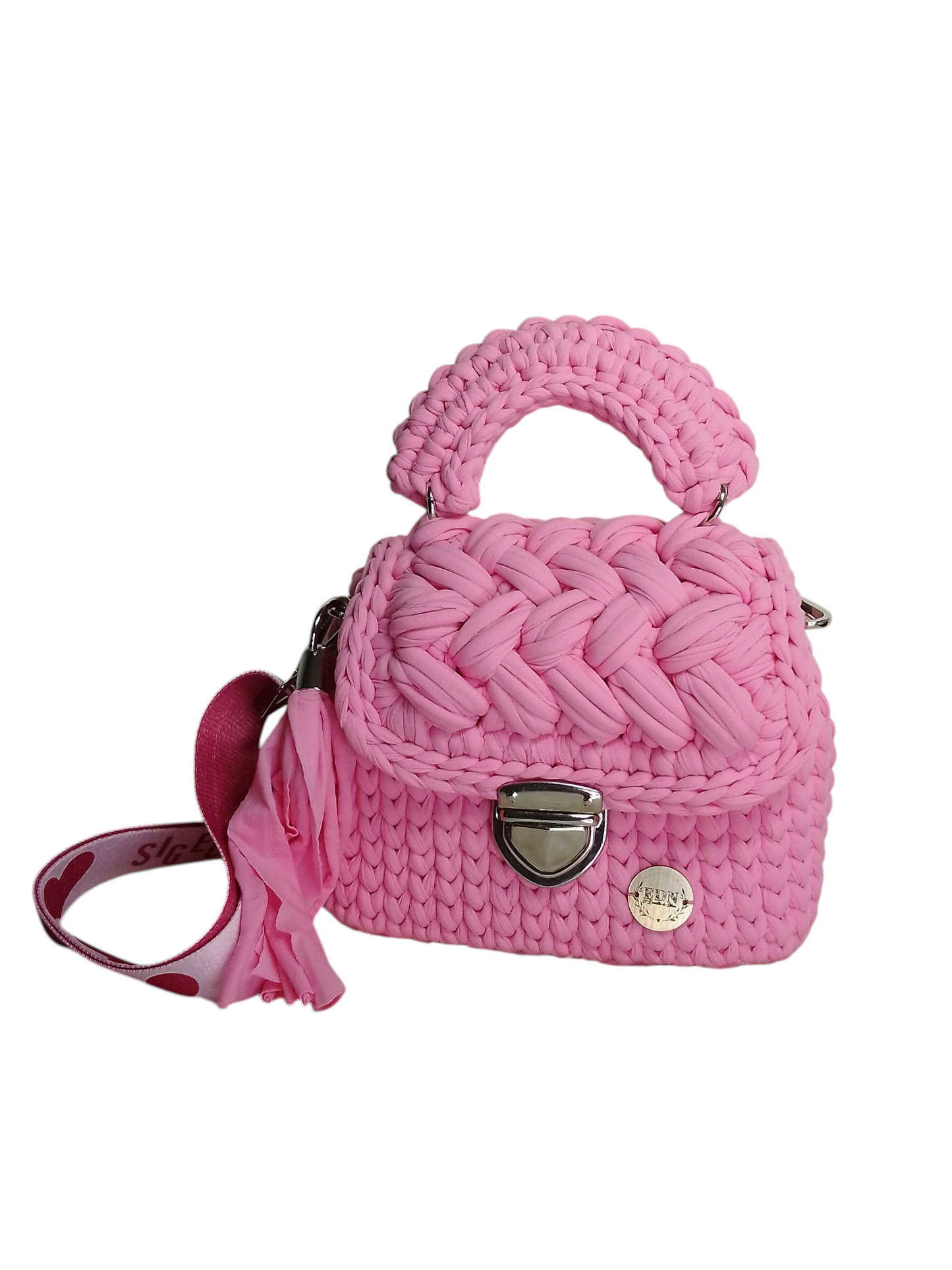 Bolso rosa en trapillo pluma. Bolso tejido rosa
